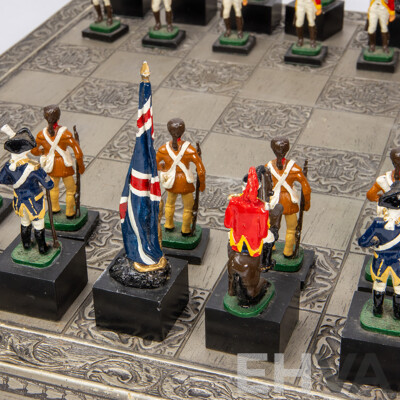 Wonderful Complete Vintage American Revolutionary War Chess Set with Board, 46 x 46 cm (dimensions Board); 10H cm (pieces) (33)