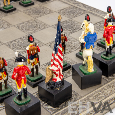 Wonderful Complete Vintage American Revolutionary War Chess Set with Board, 46 x 46 cm (dimensions Board); 10H cm (pieces) (33)