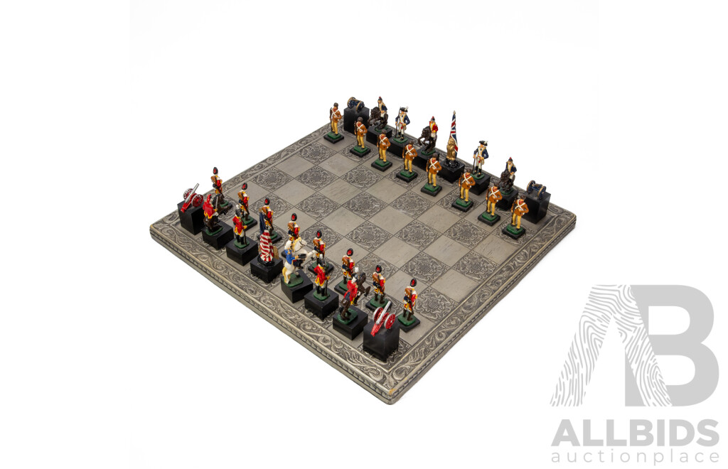 Wonderful Complete Vintage American Revolutionary War Chess Set with Board, 46 x 46 cm (dimensions Board); 10H cm (pieces) (33)