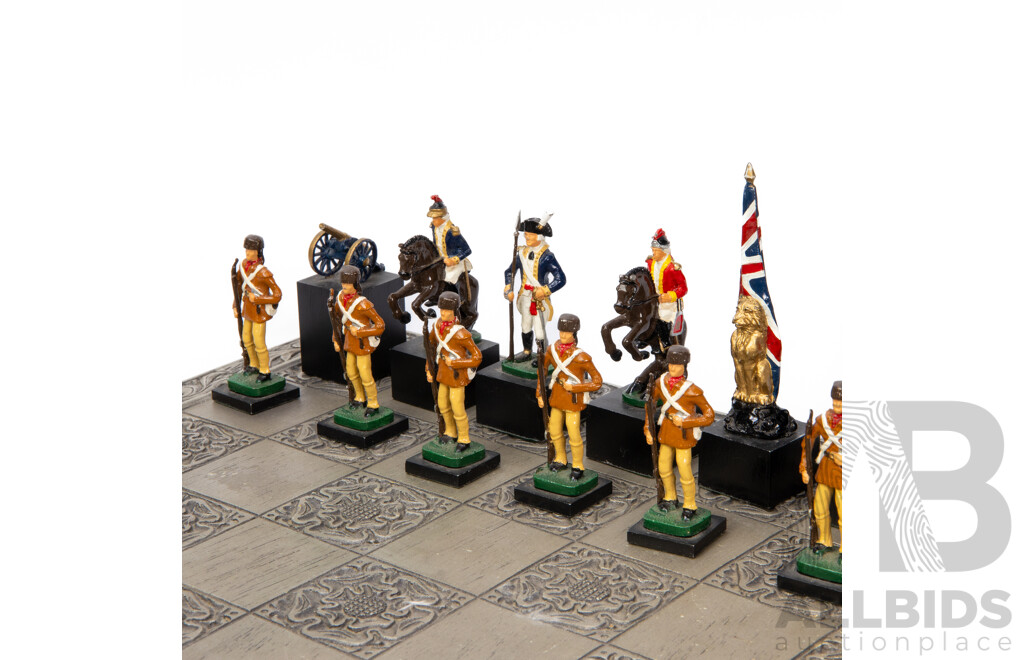Wonderful Complete Vintage American Revolutionary War Chess Set with Board, 46 x 46 cm (dimensions Board); 10H cm (pieces) (33)