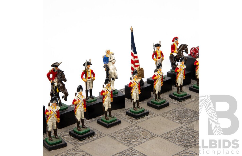 Wonderful Complete Vintage American Revolutionary War Chess Set with Board, 46 x 46 cm (dimensions Board); 10H cm (pieces) (33)