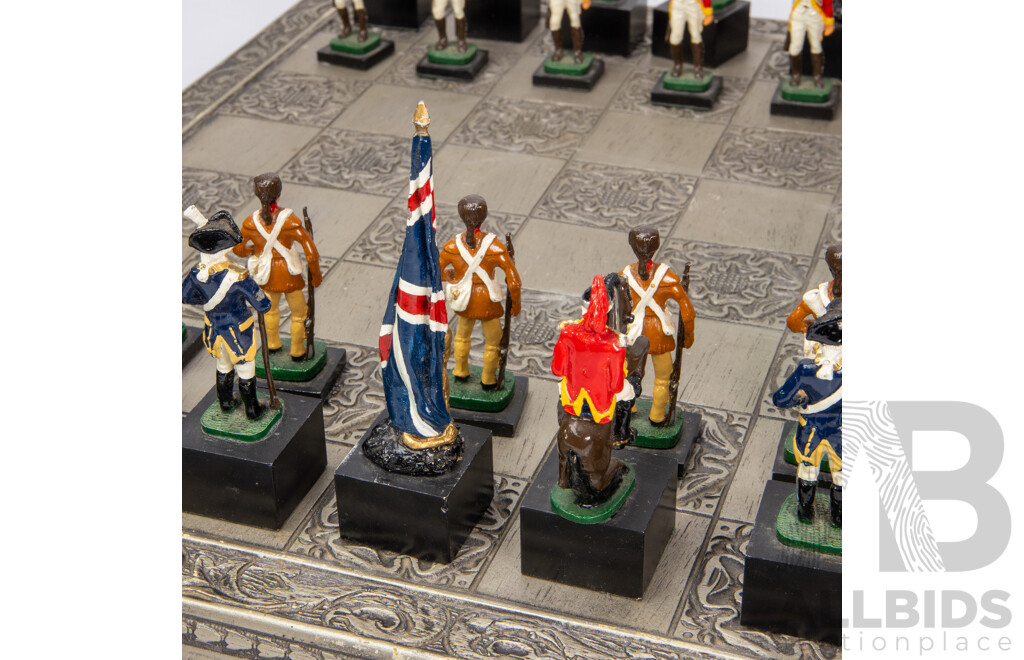 Wonderful Complete Vintage American Revolutionary War Chess Set with Board, 46 x 46 cm (dimensions Board); 10H cm (pieces) (33)