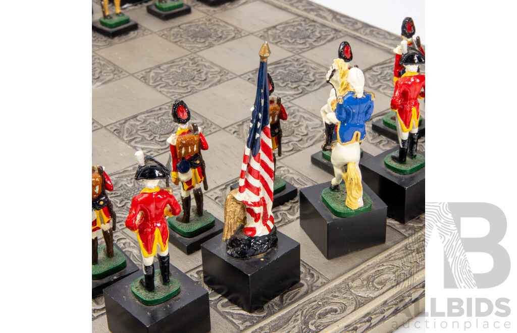 Wonderful Complete Vintage American Revolutionary War Chess Set with Board, 46 x 46 cm (dimensions Board); 10H cm (pieces) (33)