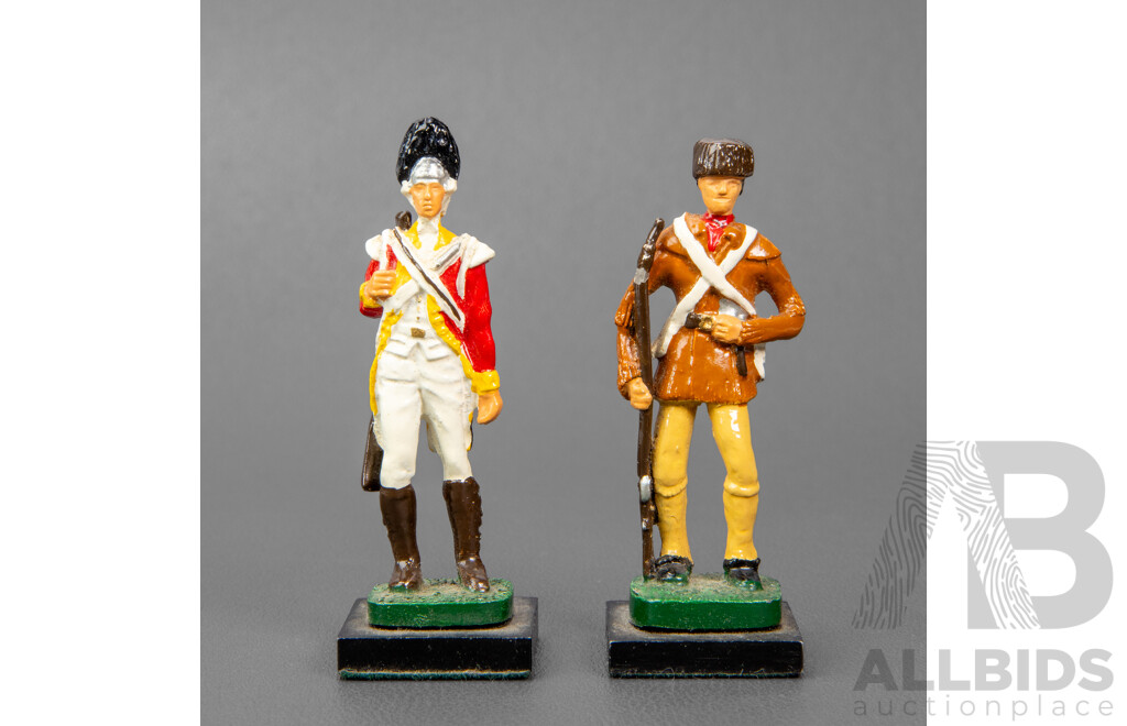 Wonderful Complete Vintage American Revolutionary War Chess Set with Board, 46 x 46 cm (dimensions Board); 10H cm (pieces) (33)