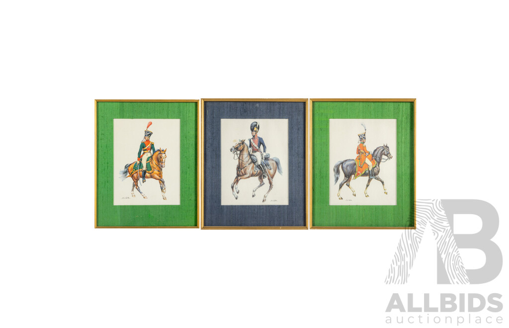 Wolfganag Tritt (20th Century, German, 1913-1983), Prince Albrecht; Horse Artillery (c1810) & First Troop Philadelphia City Cavalry Office (c1809-15), Vintage Reproduction Lithographs, 38H x 31W cm (frames) (3)