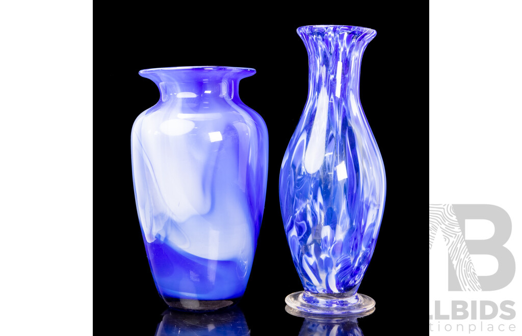 Pair of Large Vintage Malaysian Blue and White Glass Swirl Vases, 47H cm (largest) (2)