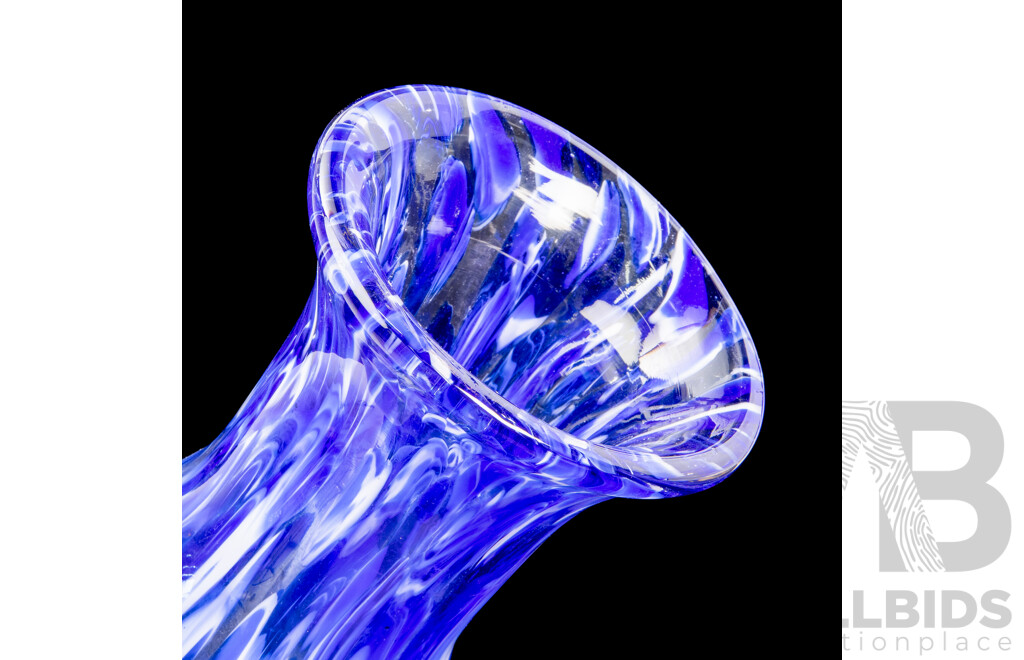 Pair of Large Vintage Malaysian Blue and White Glass Swirl Vases, 47H cm (largest) (2)