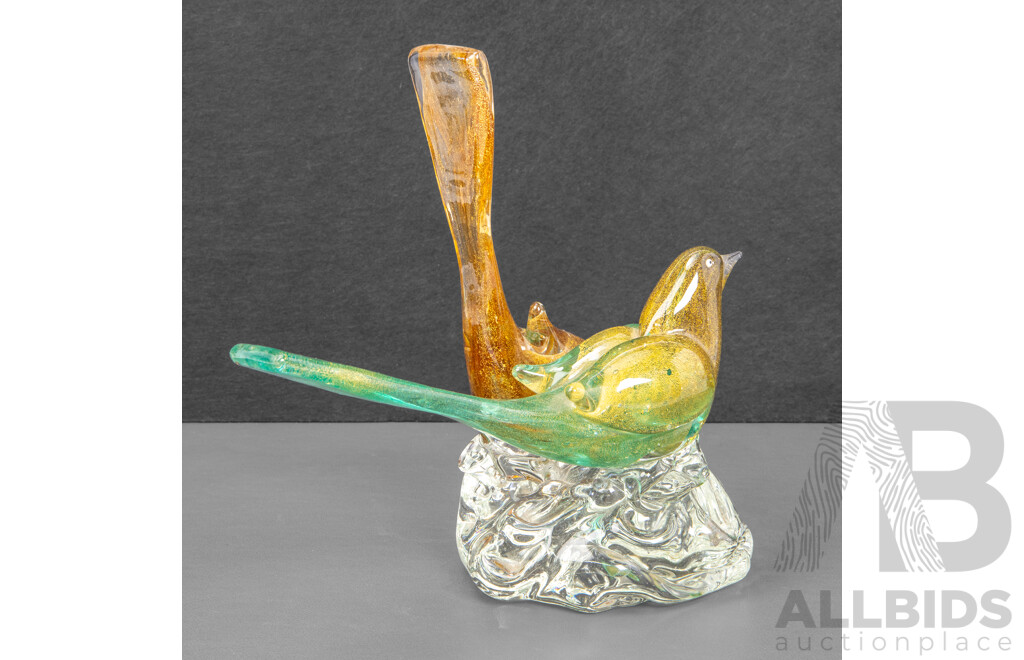 Artist Unknown (20th Century, 1970s), Love Birds, Vintage Murano-Style Glass Featuring Hand Blown & Hand Painted Sommerso Technique with Aventurine Flecks (c1970s), 20H cm (tail)