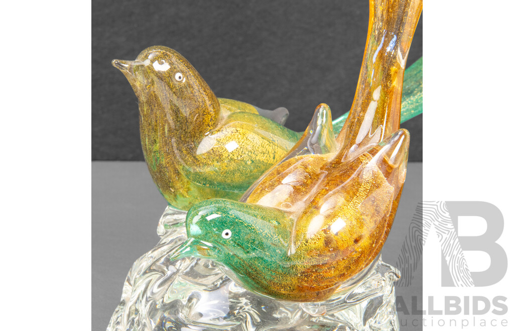 Artist Unknown (20th Century, 1970s), Love Birds, Vintage Murano-Style Glass Featuring Hand Blown & Hand Painted Sommerso Technique with Aventurine Flecks (c1970s), 20H cm (tail)