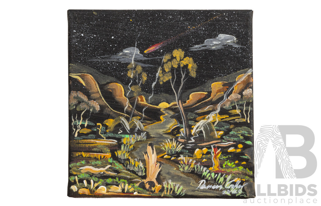 Darren Cooper (20th Century, Indigenous-Australian, 1970-), Wiradjuri Dreaming (2020), Original Acrylic on Canvas, 20H x 20W cm & Joy Nangala Brown Framed Print 18H x 18W cm (frame) (2)