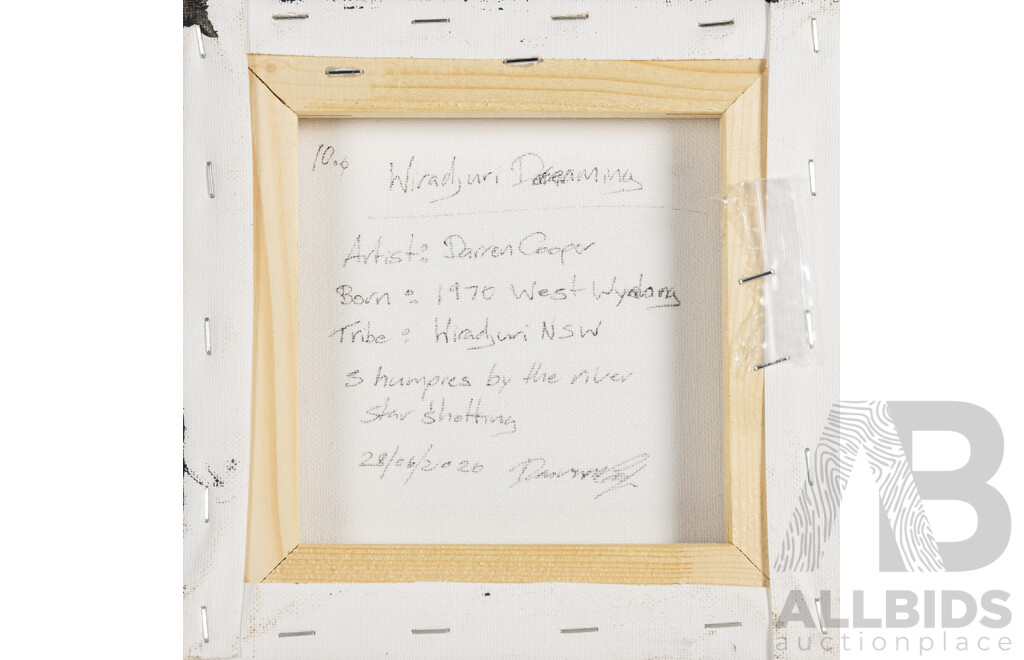 Darren Cooper (20th Century, Indigenous-Australian, 1970-), Wiradjuri Dreaming (2020), Original Acrylic on Canvas, 20H x 20W cm & Joy Nangala Brown Framed Print 18H x 18W cm (frame) (2)