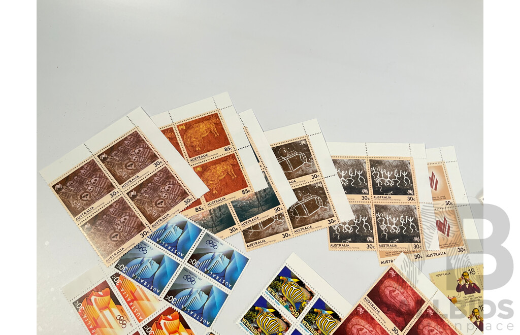 Collection of Australian 1980's Mint Stamp Blocks Including Bicentennial, Americas Cup L.A Olympics, Joint Issue, Many Sets