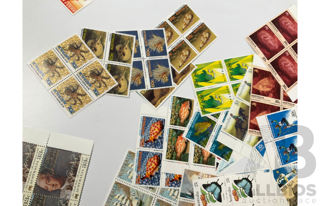 Collection of Australian 1980's Mint Stamp Blocks Including Bicentennial, Americas Cup L.A Olympics, Joint Issue, Many Sets