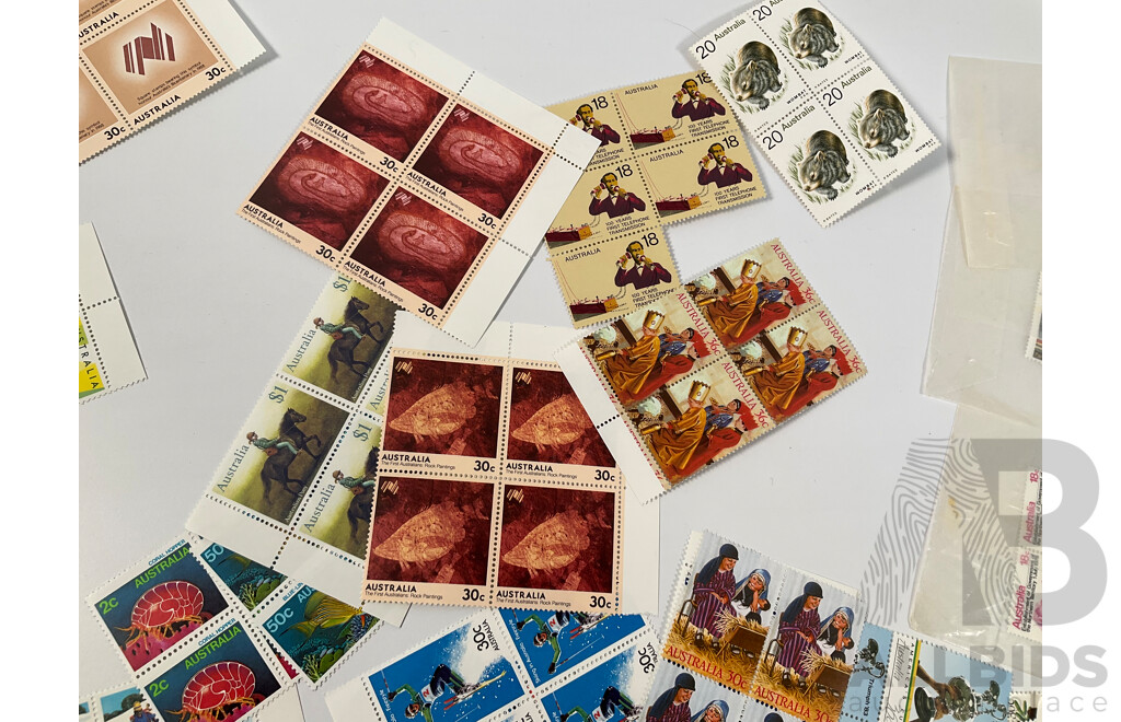 Collection of Australian 1980's Mint Stamp Blocks Including Bicentennial, Americas Cup L.A Olympics, Joint Issue, Many Sets