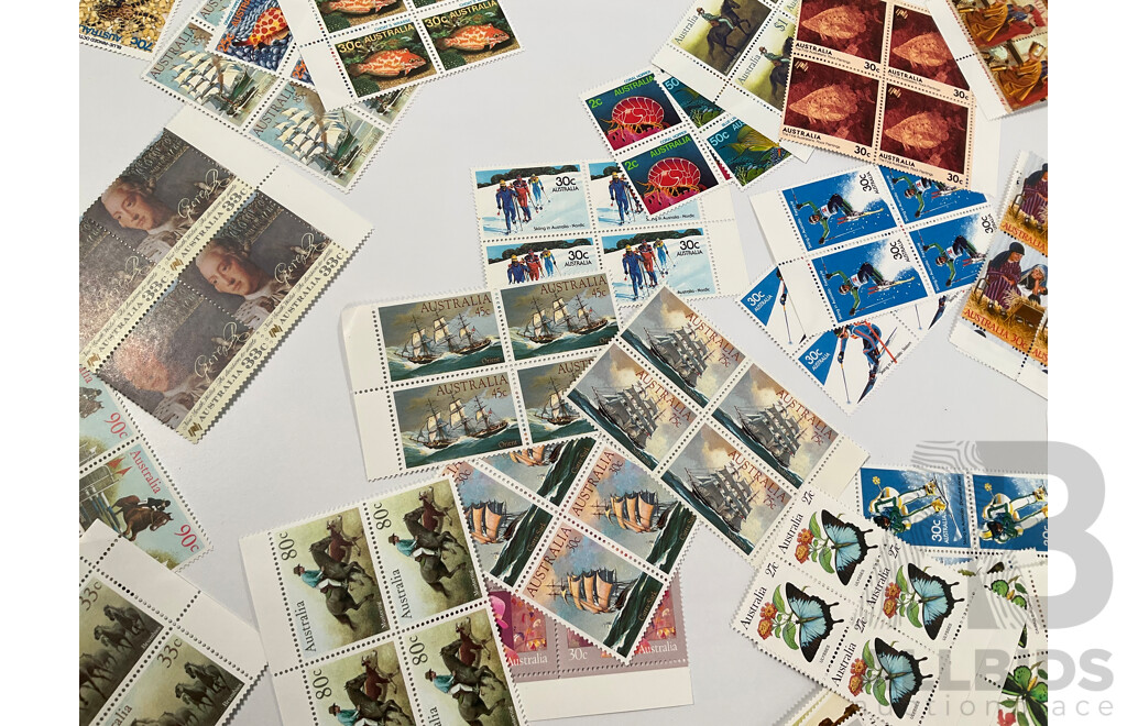 Collection of Australian 1980's Mint Stamp Blocks Including Bicentennial, Americas Cup L.A Olympics, Joint Issue, Many Sets