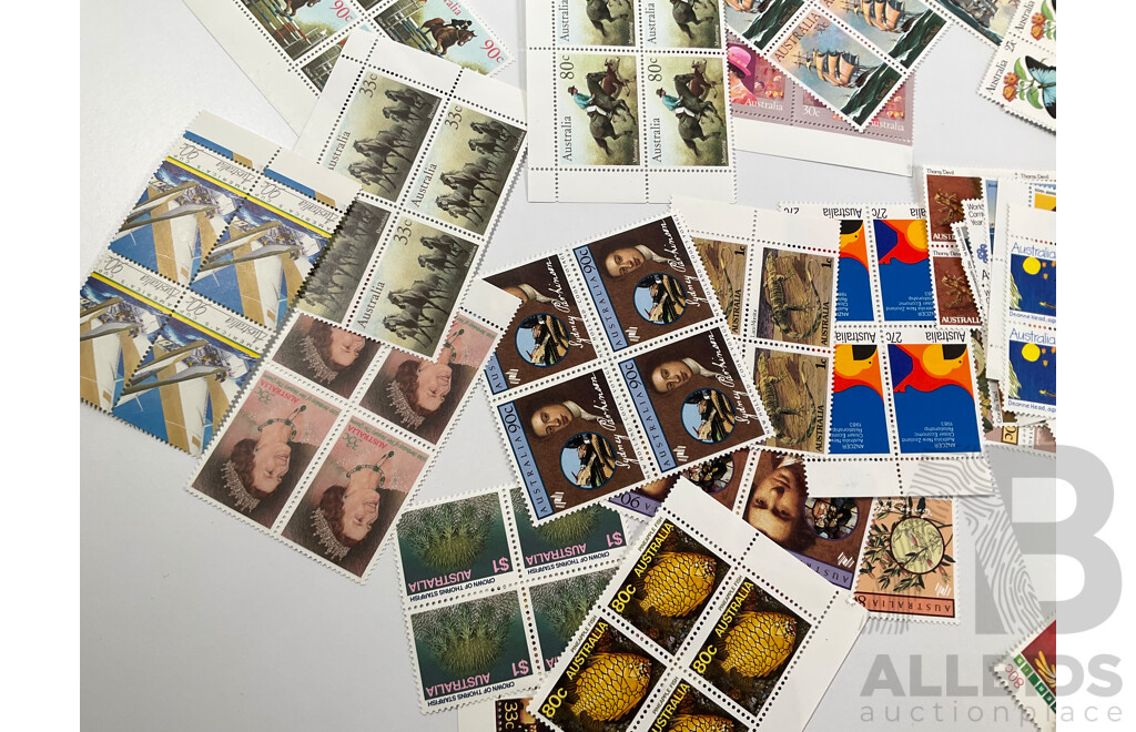 Collection of Australian 1980's Mint Stamp Blocks Including Bicentennial, Americas Cup L.A Olympics, Joint Issue, Many Sets