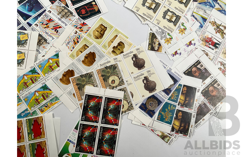 Collection of Australian 1980's Mint Stamp Blocks Including Bicentennial, Americas Cup L.A Olympics, Joint Issue, Many Sets