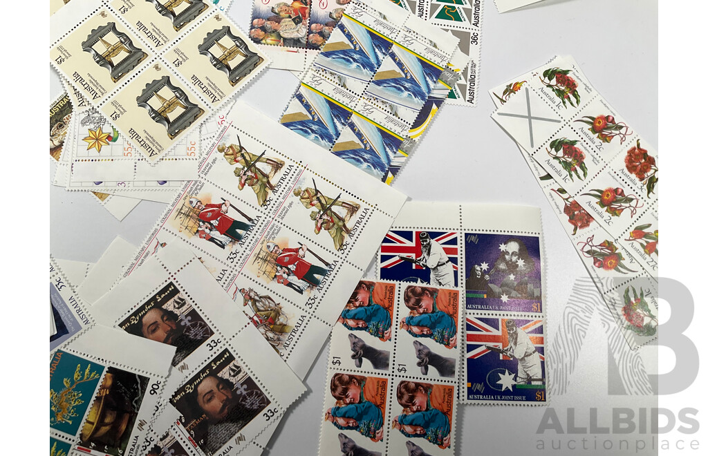 Collection of Australian 1980's Mint Stamp Blocks Including Bicentennial, Americas Cup L.A Olympics, Joint Issue, Many Sets