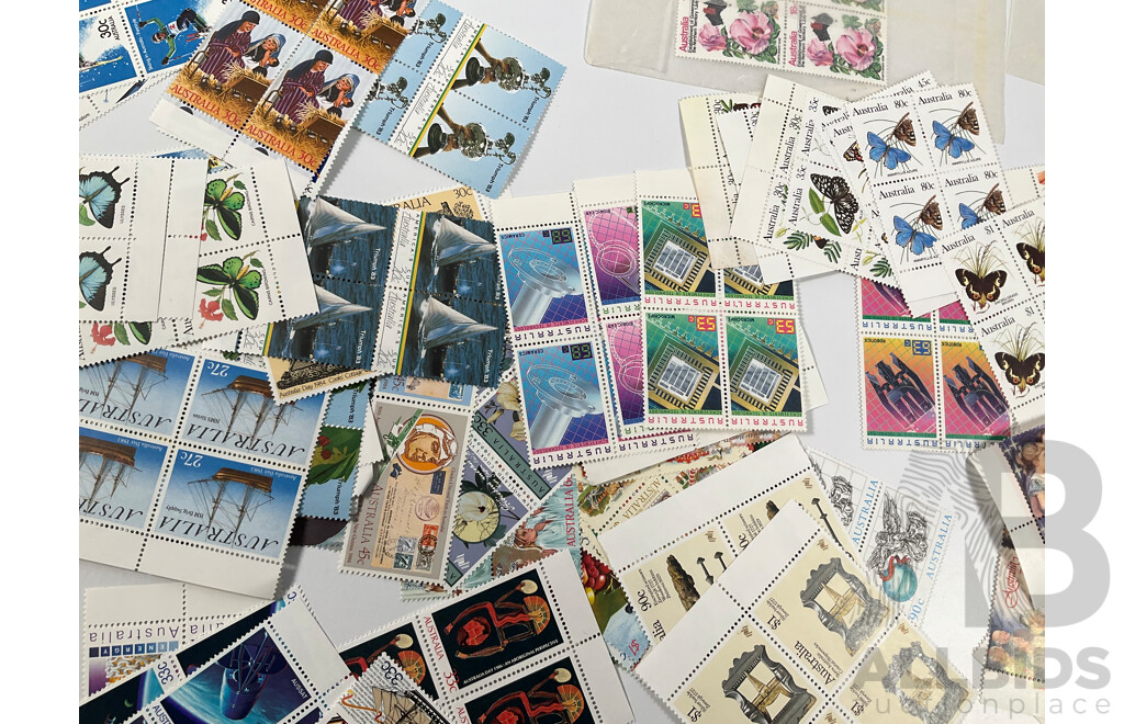 Collection of Australian 1980's Mint Stamp Blocks Including Bicentennial, Americas Cup L.A Olympics, Joint Issue, Many Sets