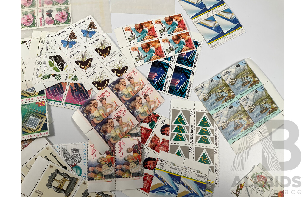Collection of Australian 1980's Mint Stamp Blocks Including Bicentennial, Americas Cup L.A Olympics, Joint Issue, Many Sets