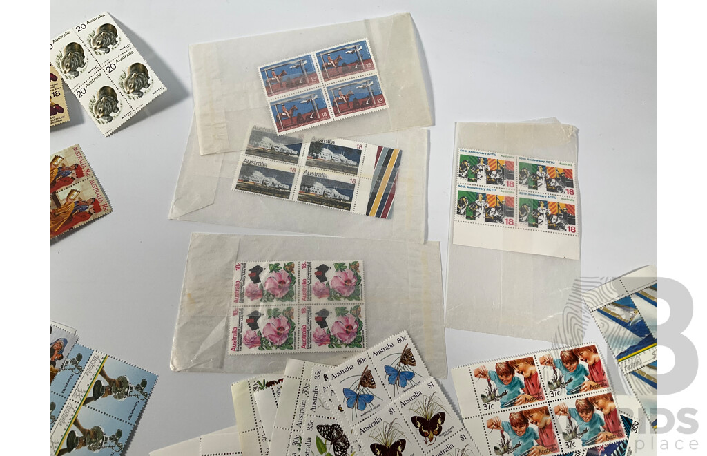 Collection of Australian 1980's Mint Stamp Blocks Including Bicentennial, Americas Cup L.A Olympics, Joint Issue, Many Sets