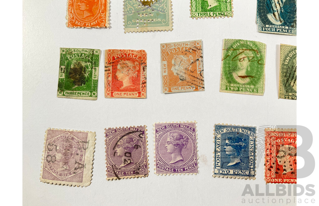 Collection of Australian Colonial Stamps Including Van Diemens Land, Tasmania, New South Wales, QV Chalon Imperfs, Ten Shilling Perfin, Mint Hinged, Overprints