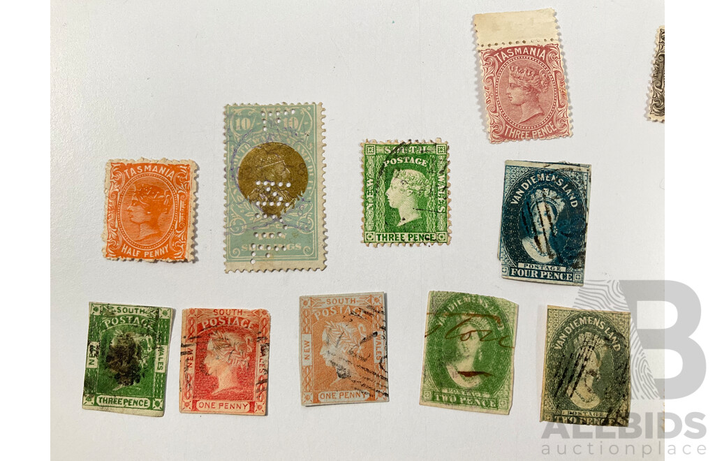 Collection of Australian Colonial Stamps Including Van Diemens Land, Tasmania, New South Wales, QV Chalon Imperfs, Ten Shilling Perfin, Mint Hinged, Overprints