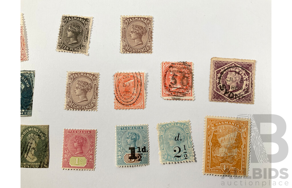Collection of Australian Colonial Stamps Including Van Diemens Land, Tasmania, New South Wales, QV Chalon Imperfs, Ten Shilling Perfin, Mint Hinged, Overprints