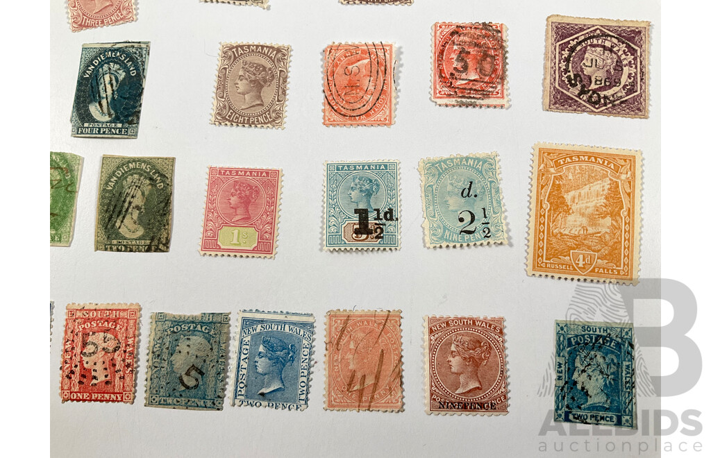 Collection of Australian Colonial Stamps Including Van Diemens Land, Tasmania, New South Wales, QV Chalon Imperfs, Ten Shilling Perfin, Mint Hinged, Overprints