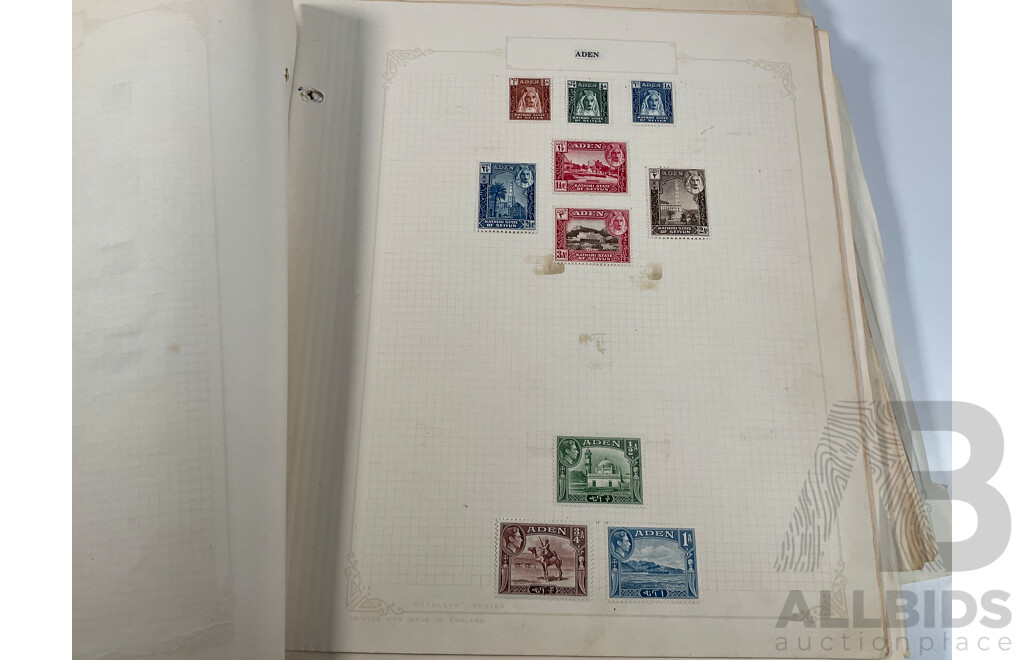 Album of Vintage British Empire Stamps Including Mint, Mint Hinged, Aden, Ascension, Brunei, Caymen Islands, Ceylon, Falkland Islands, Hong Kong, South Africa, Kenya New Zealand Seven Seas, Niue, St Lucia, Straits Settlements, Samoa and More