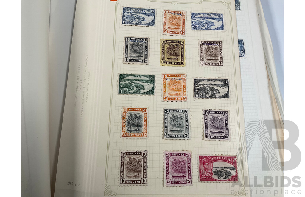 Album of Vintage British Empire Stamps Including Mint, Mint Hinged, Aden, Ascension, Brunei, Caymen Islands, Ceylon, Falkland Islands, Hong Kong, South Africa, Kenya New Zealand Seven Seas, Niue, St Lucia, Straits Settlements, Samoa and More