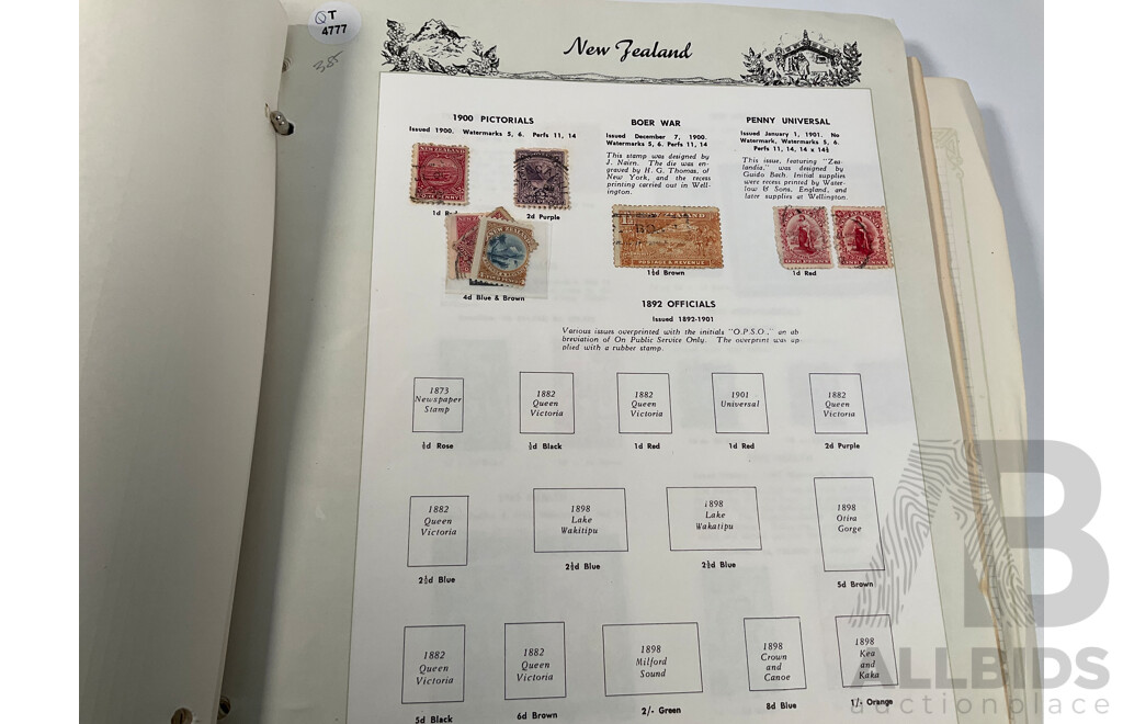 Album of Vintage British Empire Stamps Including Mint, Mint Hinged, Aden, Ascension, Brunei, Caymen Islands, Ceylon, Falkland Islands, Hong Kong, South Africa, Kenya New Zealand Seven Seas, Niue, St Lucia, Straits Settlements, Samoa and More
