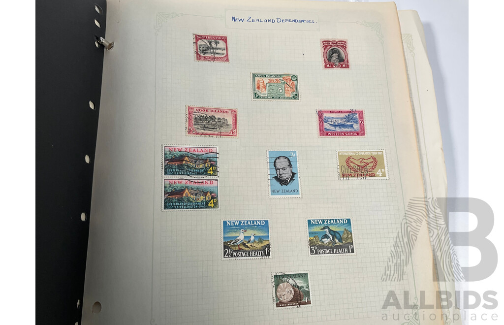 Album of Vintage British Empire Stamps Including Mint, Mint Hinged, Aden, Ascension, Brunei, Caymen Islands, Ceylon, Falkland Islands, Hong Kong, South Africa, Kenya New Zealand Seven Seas, Niue, St Lucia, Straits Settlements, Samoa and More