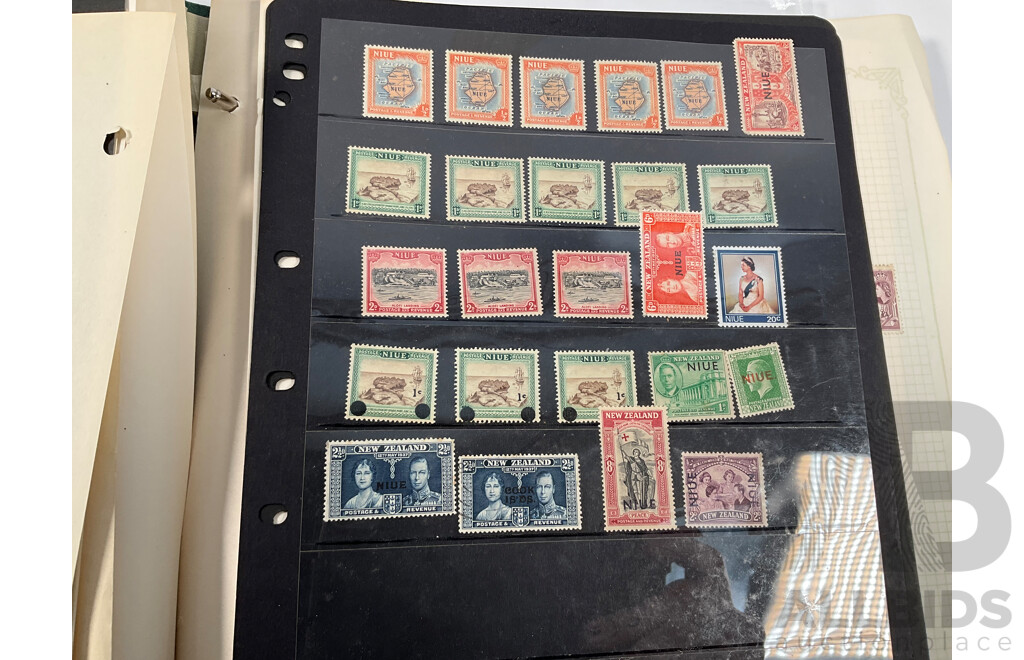 Album of Vintage British Empire Stamps Including Mint, Mint Hinged, Aden, Ascension, Brunei, Caymen Islands, Ceylon, Falkland Islands, Hong Kong, South Africa, Kenya New Zealand Seven Seas, Niue, St Lucia, Straits Settlements, Samoa and More