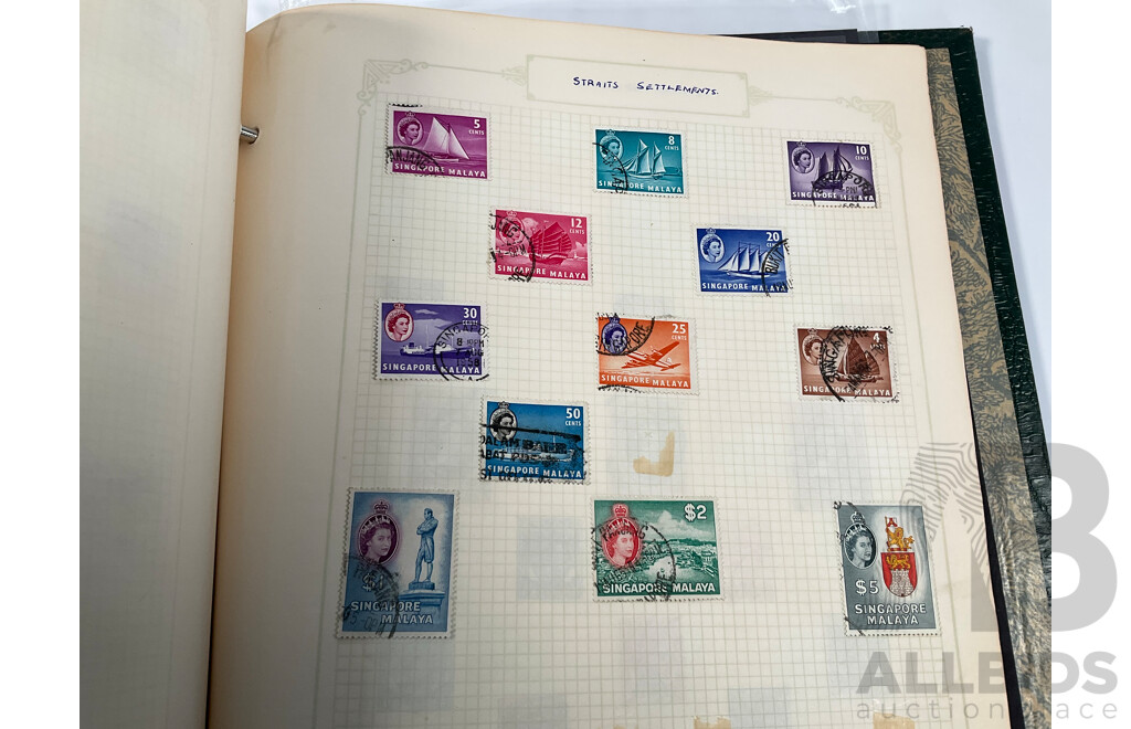 Album of Vintage British Empire Stamps Including Mint, Mint Hinged, Aden, Ascension, Brunei, Caymen Islands, Ceylon, Falkland Islands, Hong Kong, South Africa, Kenya New Zealand Seven Seas, Niue, St Lucia, Straits Settlements, Samoa and More