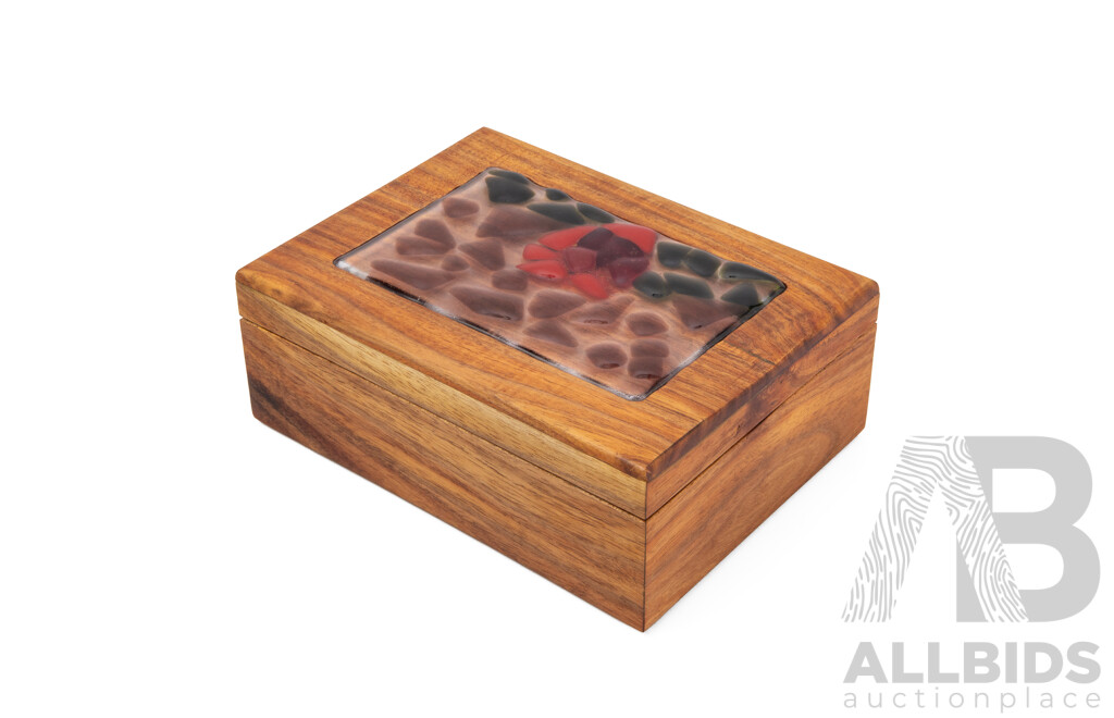 Wonderful Windfall Wood Salvaged ACT Blackwood Hand Crafted Jewellery Box with Mosaic Glass Inlay, 20L x 15W x 7D cm