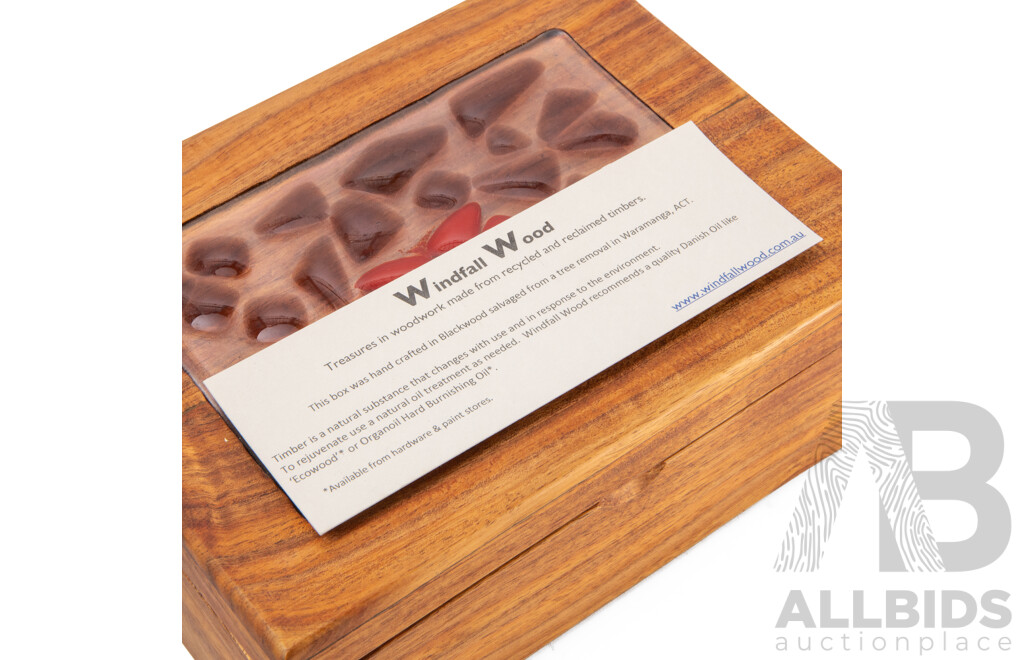 Wonderful Windfall Wood Salvaged ACT Blackwood Hand Crafted Jewellery Box with Mosaic Glass Inlay, 20L x 15W x 7D cm