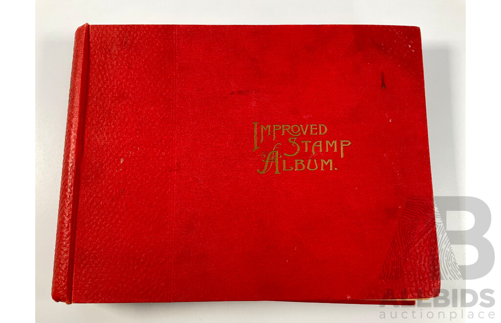 Stanley Gibbons Improved Stamp Album, Eighteenth Edition, Partially Filled, Great Britain Penny Reds, Australian Colonies, France, German Empire, Holland, Japan, USA and More