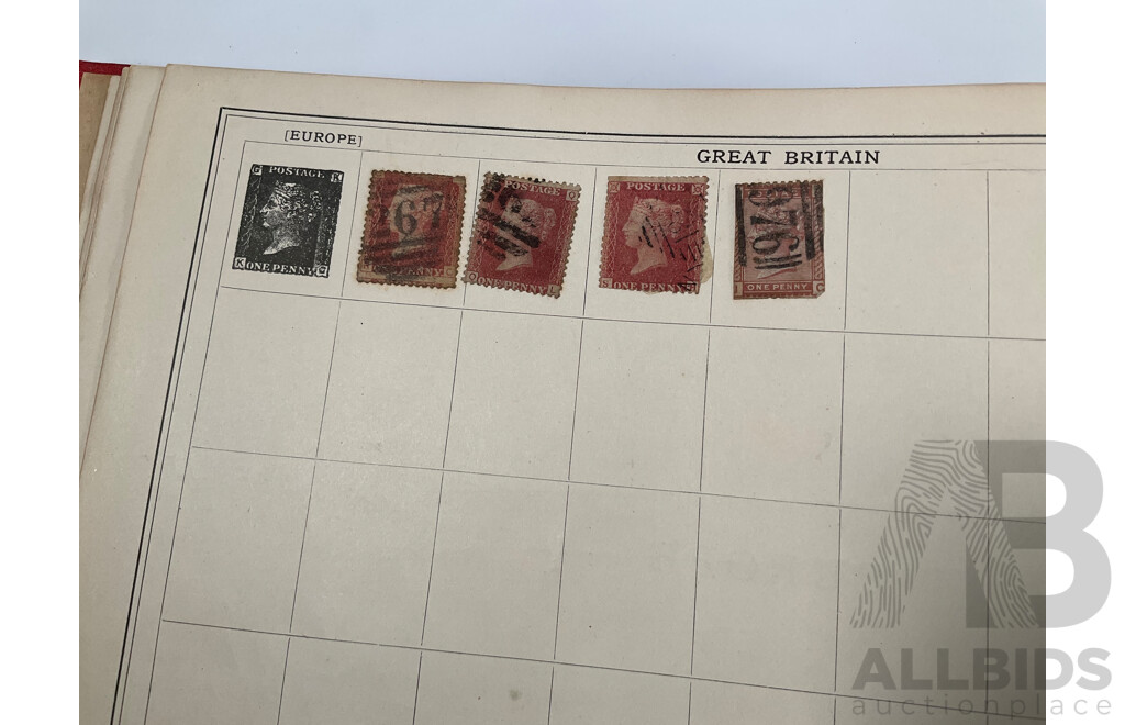 Stanley Gibbons Improved Stamp Album, Eighteenth Edition, Partially Filled, Great Britain Penny Reds, Australian Colonies, France, German Empire, Holland, Japan, USA and More