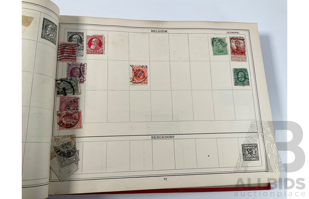 Stanley Gibbons Improved Stamp Album, Eighteenth Edition, Partially Filled, Great Britain Penny Reds, Australian Colonies, France, German Empire, Holland, Japan, USA and More