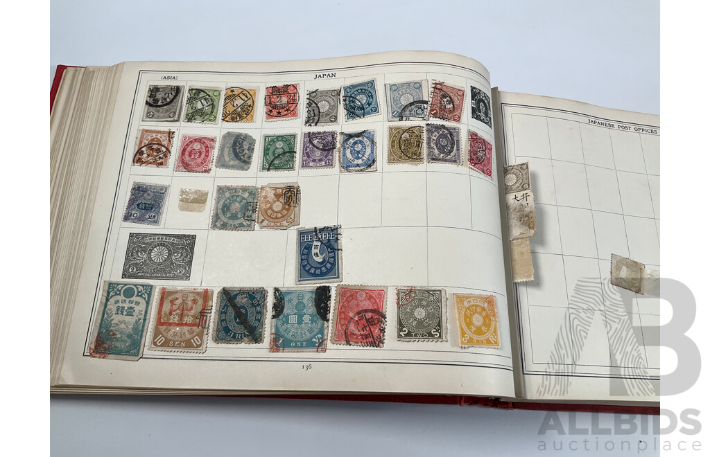 Stanley Gibbons Improved Stamp Album, Eighteenth Edition, Partially Filled, Great Britain Penny Reds, Australian Colonies, France, German Empire, Holland, Japan, USA and More