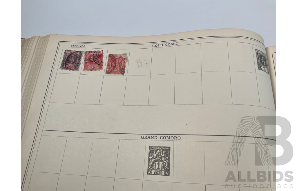 Stanley Gibbons Improved Stamp Album, Eighteenth Edition, Partially Filled, Great Britain Penny Reds, Australian Colonies, France, German Empire, Holland, Japan, USA and More