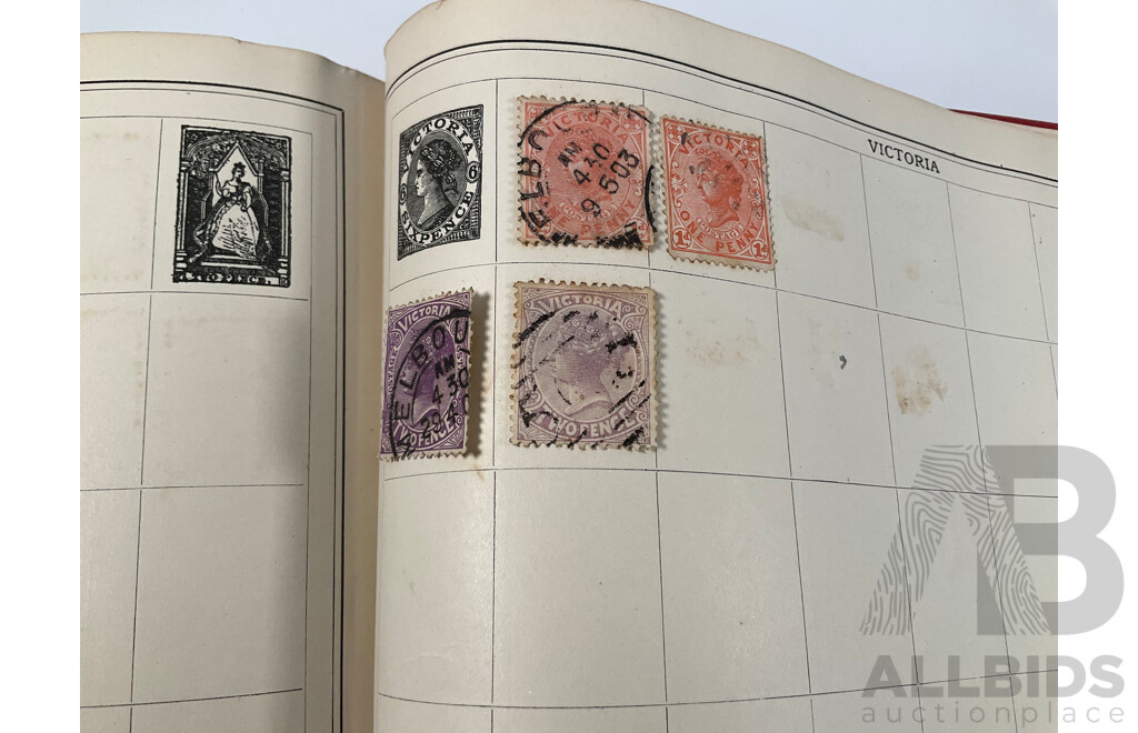 Stanley Gibbons Improved Stamp Album, Eighteenth Edition, Partially Filled, Great Britain Penny Reds, Australian Colonies, France, German Empire, Holland, Japan, USA and More