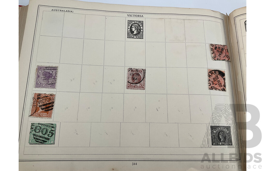 Stanley Gibbons Improved Stamp Album, Eighteenth Edition, Partially Filled, Great Britain Penny Reds, Australian Colonies, France, German Empire, Holland, Japan, USA and More