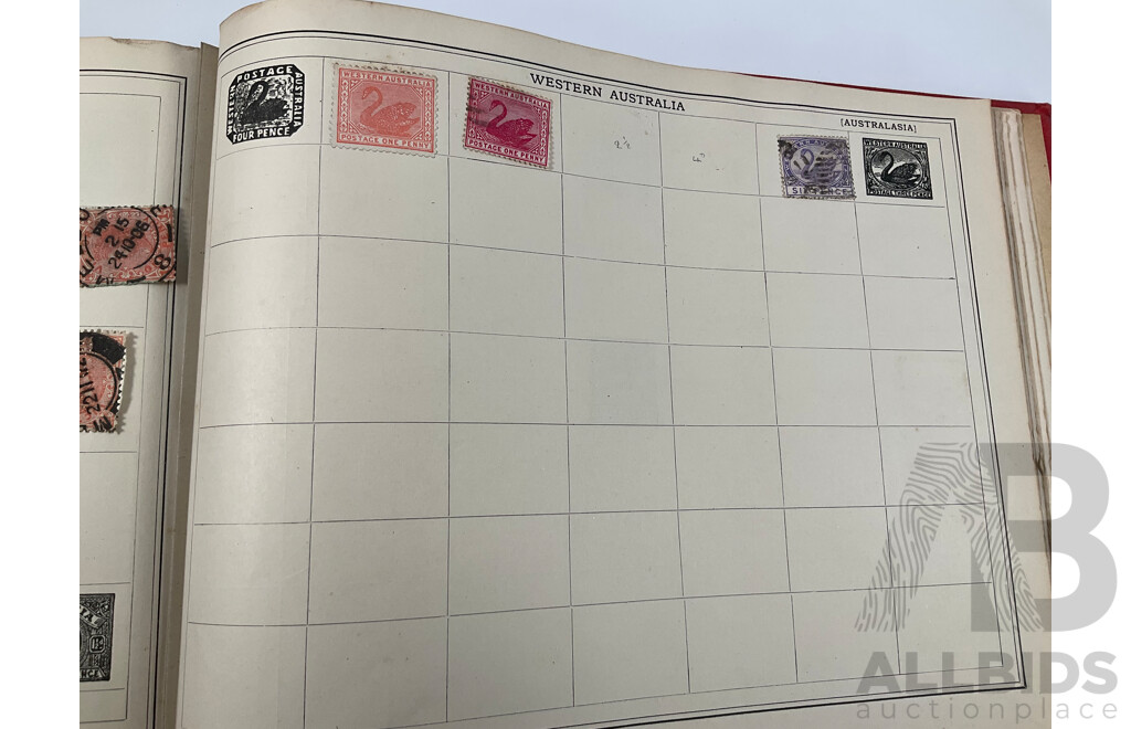 Stanley Gibbons Improved Stamp Album, Eighteenth Edition, Partially Filled, Great Britain Penny Reds, Australian Colonies, France, German Empire, Holland, Japan, USA and More