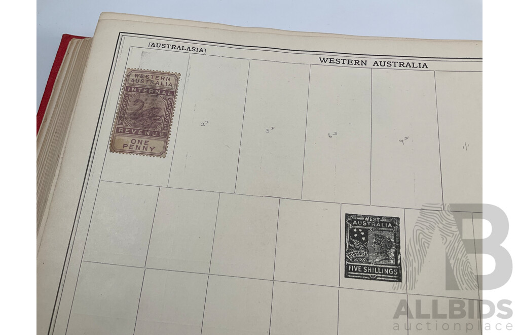 Stanley Gibbons Improved Stamp Album, Eighteenth Edition, Partially Filled, Great Britain Penny Reds, Australian Colonies, France, German Empire, Holland, Japan, USA and More