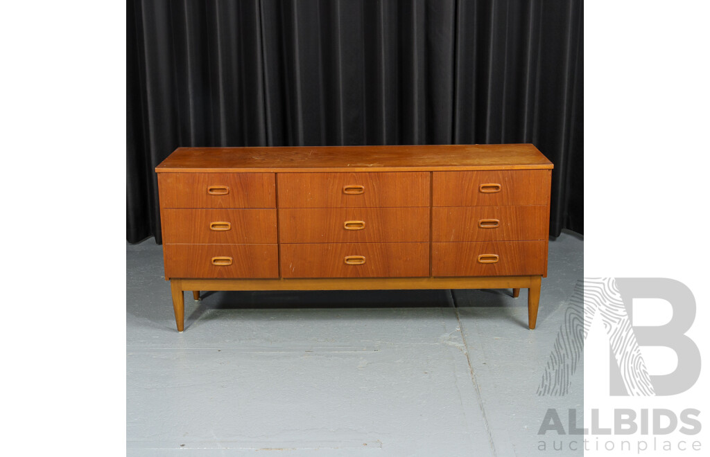 Vintage Teak Veneer Nine-Drawer Dresser Base