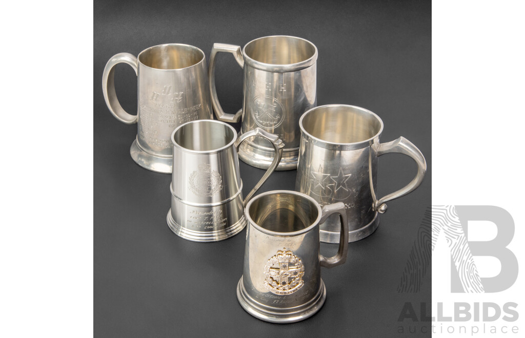 Collection of Five Vintage Engraved Military and Naval Pewter Tankards, Varied Sizes, 14H cm (largest) (5)