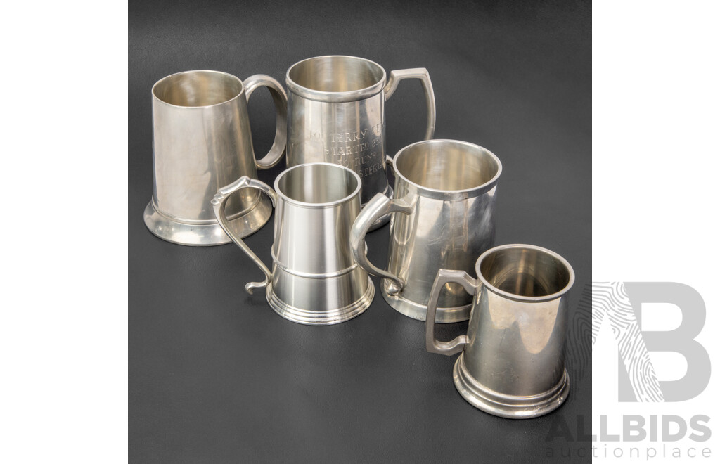 Collection of Five Vintage Engraved Military and Naval Pewter Tankards, Varied Sizes, 14H cm (largest) (5)