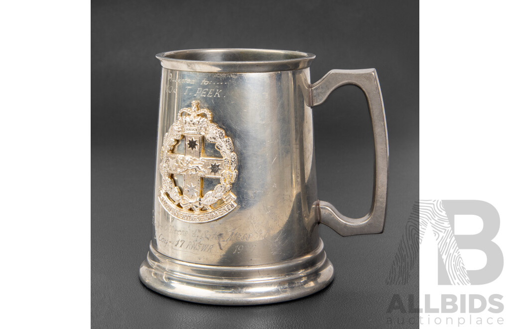 Collection of Five Vintage Engraved Military and Naval Pewter Tankards, Varied Sizes, 14H cm (largest) (5)